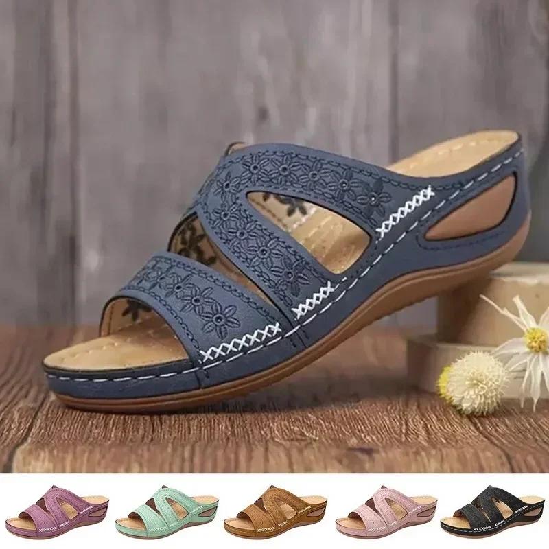Fashion 2025 Summer Women Wedge Sandals Premium Orthopedic Open Toe Sandals Vintage Anti-slip Leather Casual Female Platform Retro Shoes