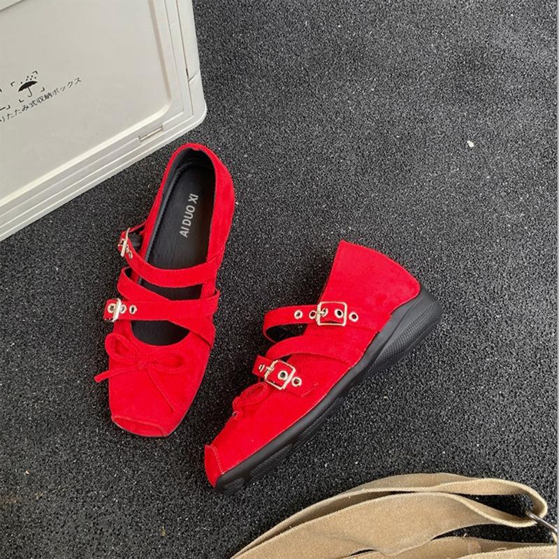 Lederversion! Rote Ballerinas mit eckiger Spitze, Damen, Frühling, leichter Ausschnitt, Schleife, Retro Mary Jane Schuhe, flache Schuhe