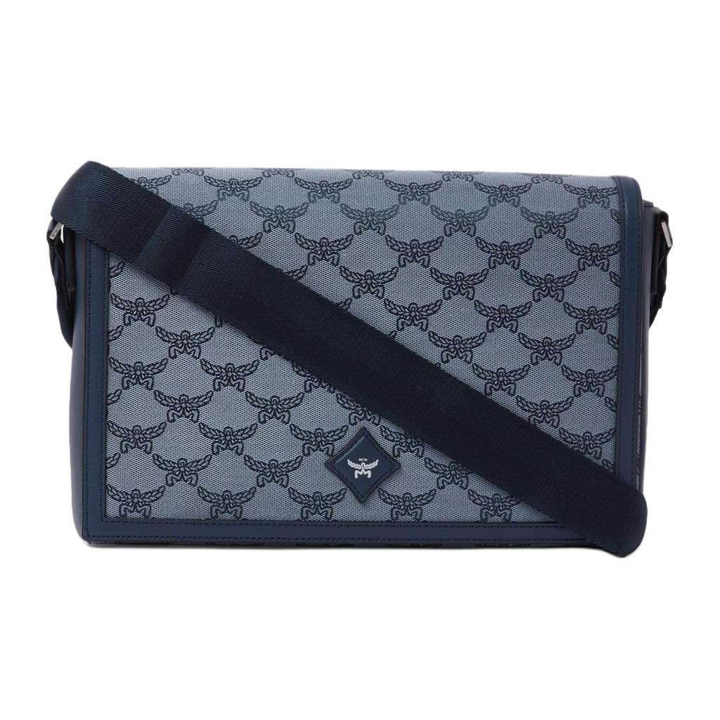 MCM Vintage Silberfarbene Metallaccessoires Blumenaufnäher Lederbesatz Schulter-Crossbody-Tasche Kleine Herren-Taschen Blau MMMESAC01LI001