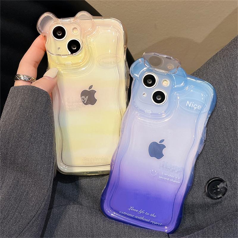 Korean Cute 3d Bear Ears Gradient Phone Case For Iphone 14 13 12 11 Pro Max 3d Kickstand Clear Lens Protective Soft Cover Funda