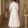 Women Lapel Collar Button Down Midi Dress Puff Sleeve Casual Loose Fit Vintage Elegant Long Dress