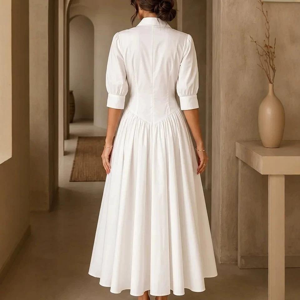 Women Lapel Collar Button Down Midi Dress Puff Sleeve Casual Loose Fit Vintage Elegant Long Dress