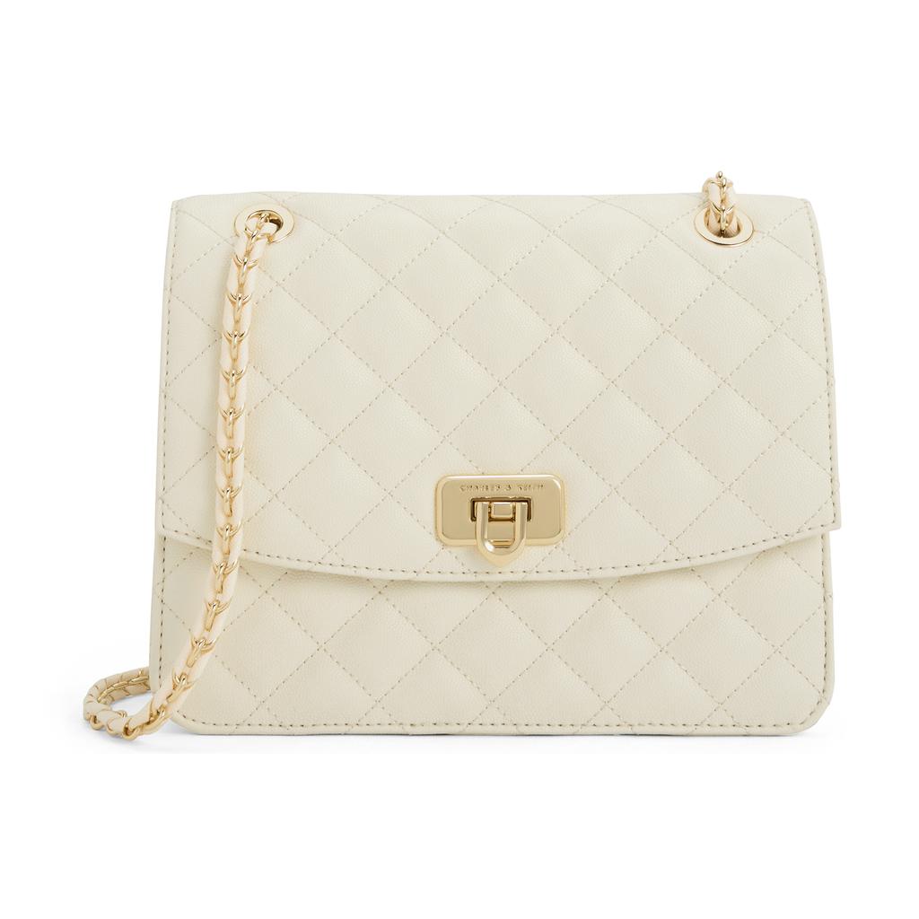 New CHARLES&KEITH PU Shoulder Bag Medium Size Women's Black/Beige /Cream CK2-70782173