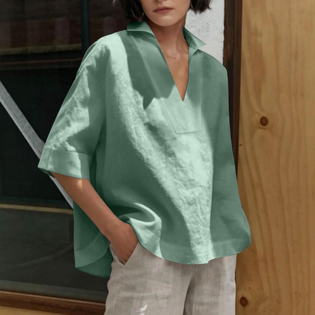 Women's Fashionable Casual Loose Fit Comfortable V Neck Shirt Versatile Three Quarter Sleeve Plus Size Top