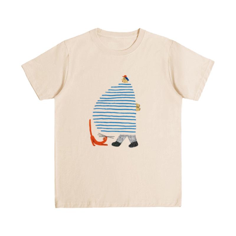 Large Size Women's Summer Front Shoulder Cartoon Printing Loose Crew Neck Inner Short Sleeve T-Shirt% Pure Cotton Bottom Top