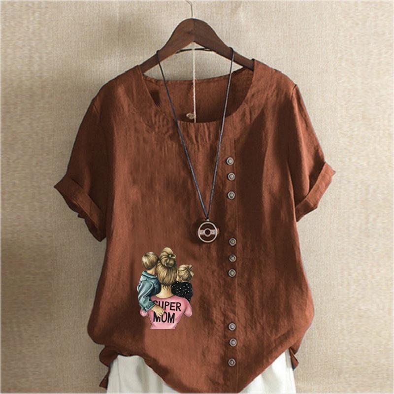 Women's New Fashion Linen Shirt Round Neck Short Sleeve Holding Children Pattern Printed T-shirt Summer Ladies Casual Plus Size Blouse Tops
