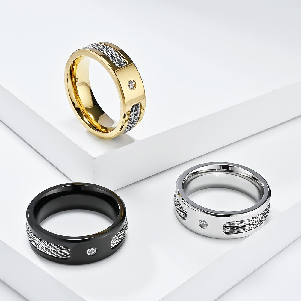 Ins Personalisierter Edelstahlring mit Zirkonia-Einlage für Herren, Silberner Hip-Hop-Stil-Schmuck, modischer Fingerring mit Drahtseil-Design