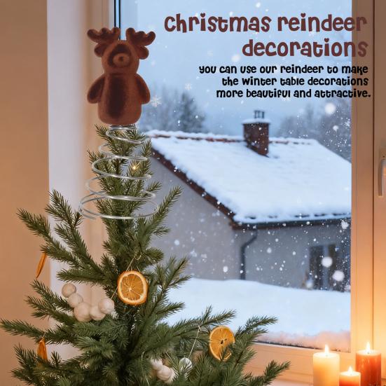 Christmas Reindeer Tree Topper 3D Flocking Elk Christmas Treetop Ornament for Indoor Home Christmas Tree