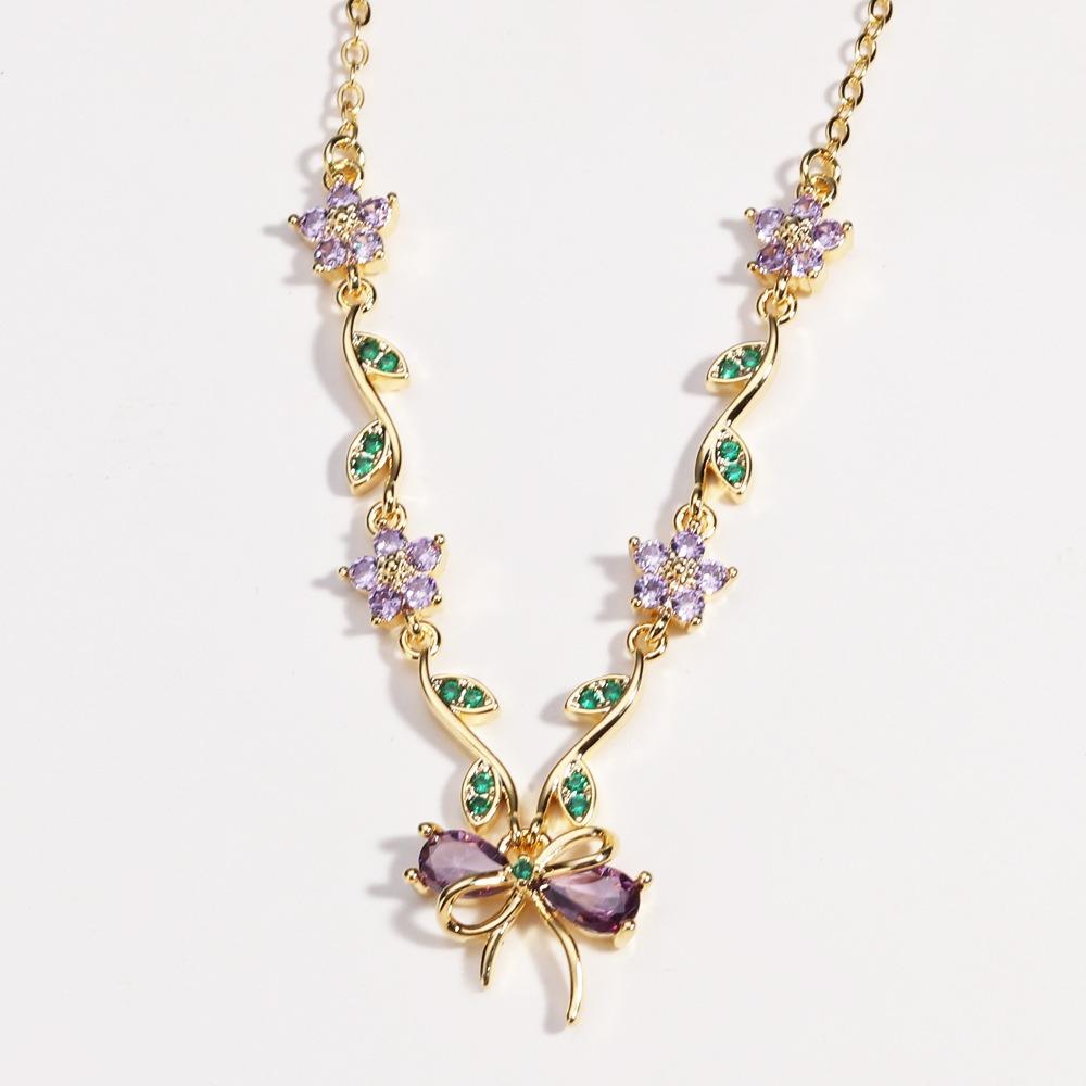 

Zinc Zinc Alloy Bowknot Rhinestone Necklace Flower Pendant Chain Elegant Bow Necklace Pendant Gift