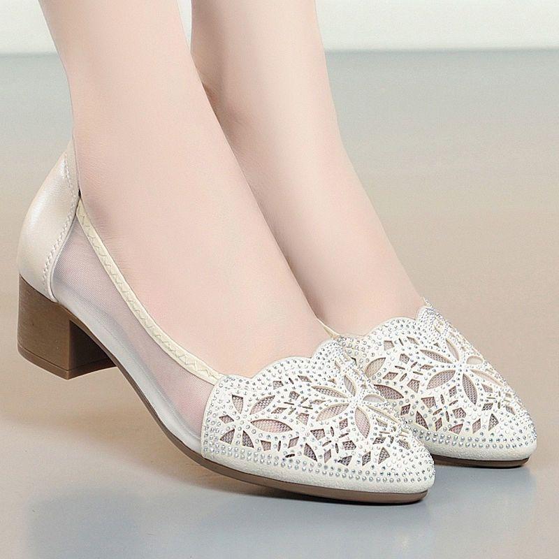 2025 Soft Leather Baotou Hot Diamond Sandals Women's Thick Heel New Single Shoes Summer Hollow Beef Tendon Sole Dance Shoes Mother Shoes