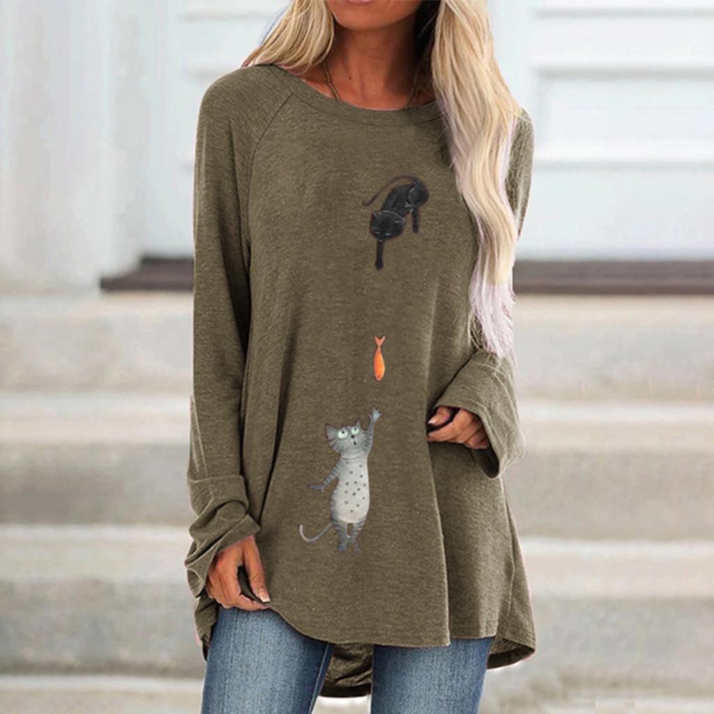 Women Fashion Plus Size Print Round Neck Long Sleeved Long T-shirt Blouse