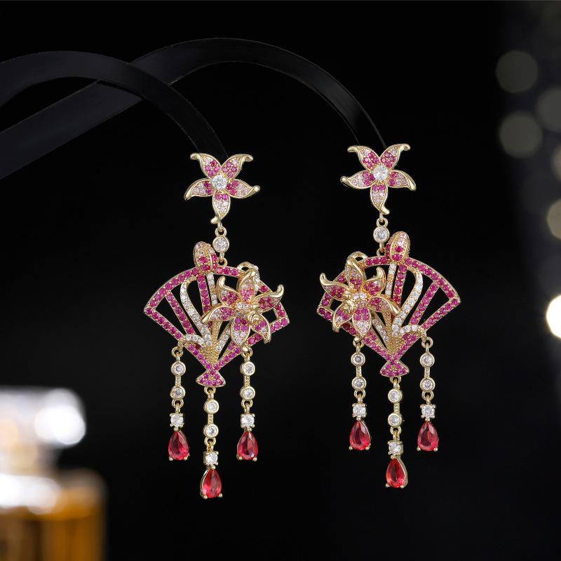 Vintage-Inspired Floral Tassel Earrings with S925 Silver Needle and Zircon Inlay