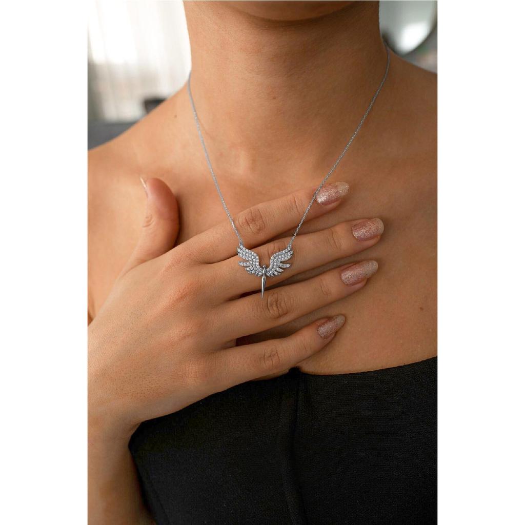 Zircon Stone Angel Wing Tarnish Resistant Gold Steel Necklace With Michael Angel Figure