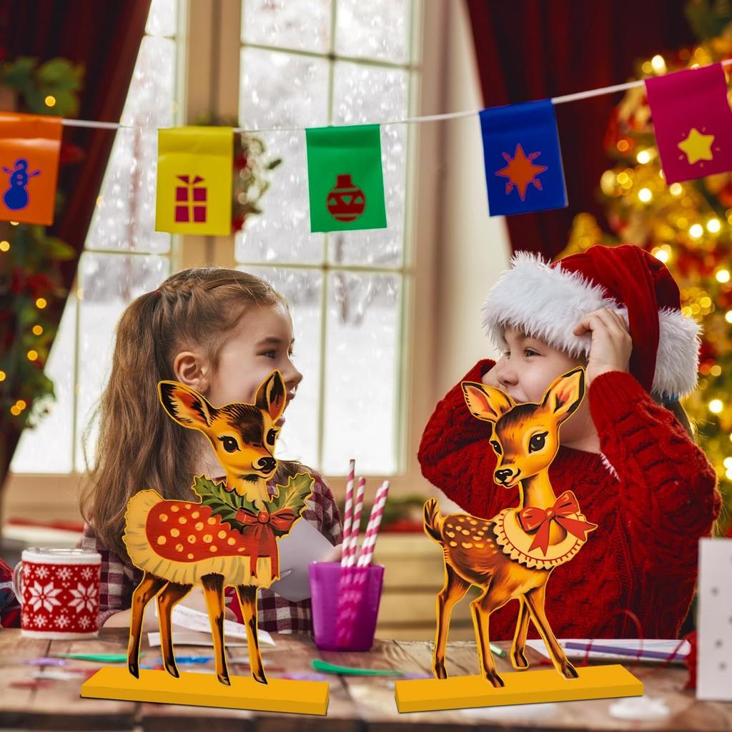 4pcs Vintage Christmas Decorations Table Wooden Centerpieces Christmas Theme Retro Sika Deer Table Decorations Tiered Tray Decor for Winter Holiday