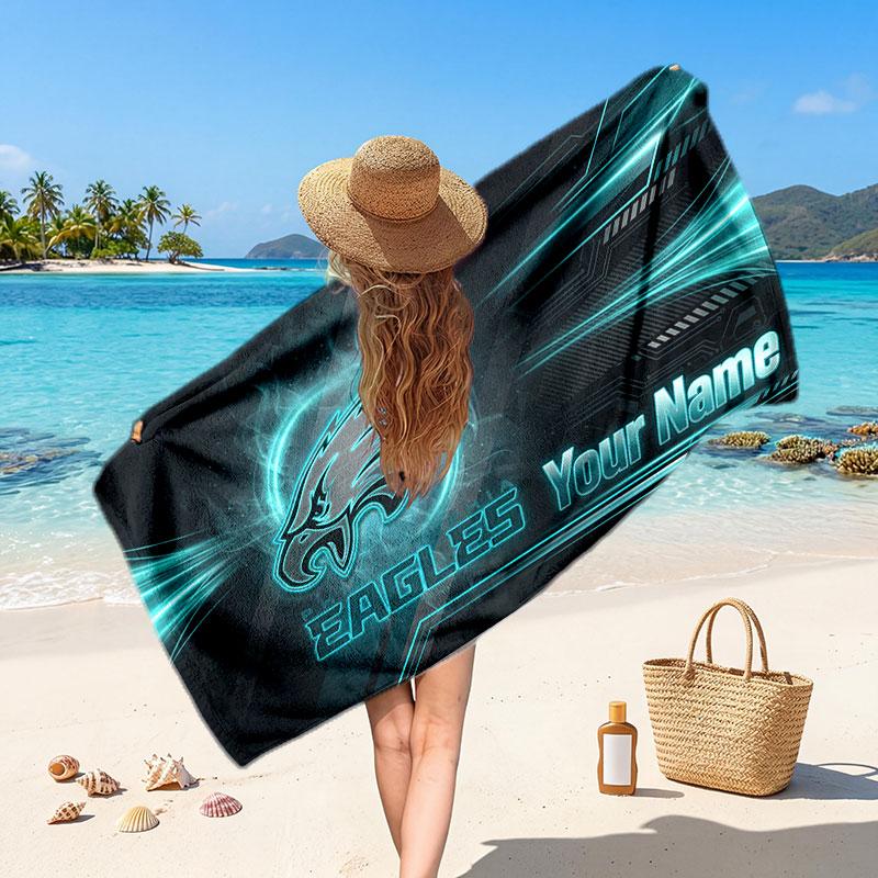 Philadelphia Eagles Customized Name Text Beach Towel, Soft Absorbent Towel Beach Pool Travel Personal Gift