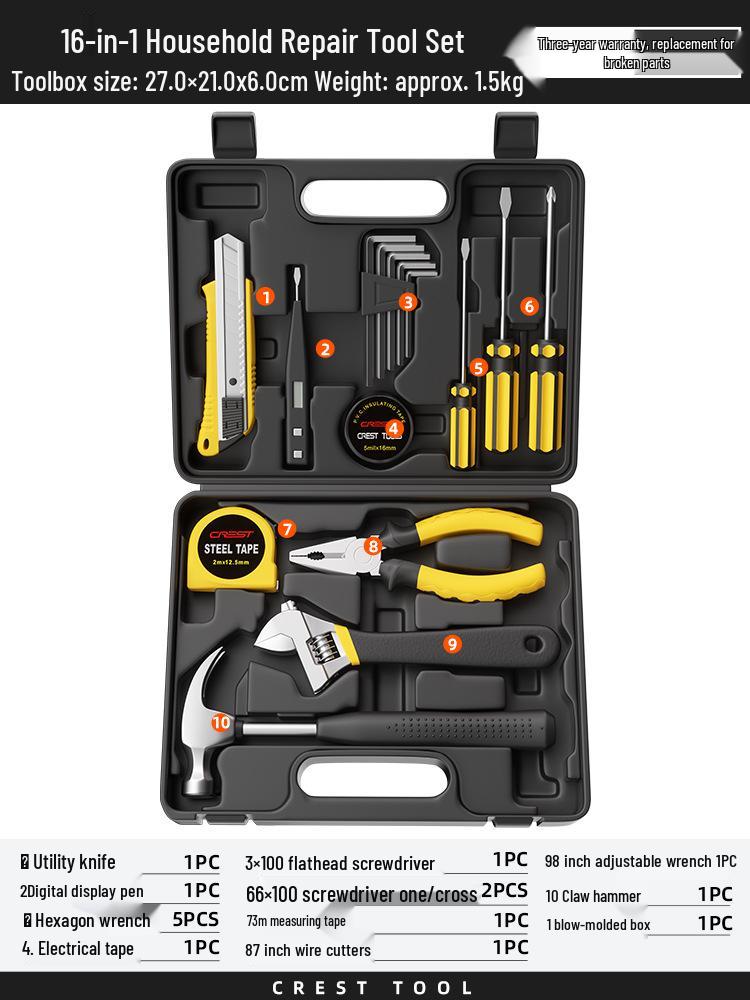 Household Repair Tool Set: Pliers, Hammer, Wrench, Combination Box