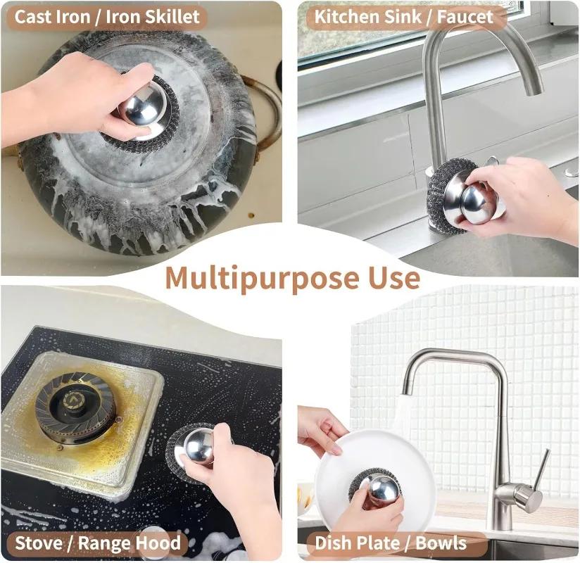 6/1Pcs Pot and Dish Brush Stainless Steel Round Handle Steel Ball Household Rust Removal Cleaning Tool Kitchen Utensils Scrubber
