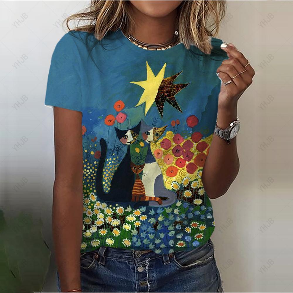 

Летний топ с круглым вырезом и принтом 3D Cat, модные повседневные женские футболки с короткими рукавами XS