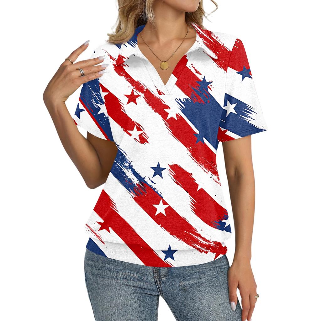 Women's Casual Short Sleeve Polo Shirt with Independence Day Print Collared Top Lightweight Breathable Summer Tee