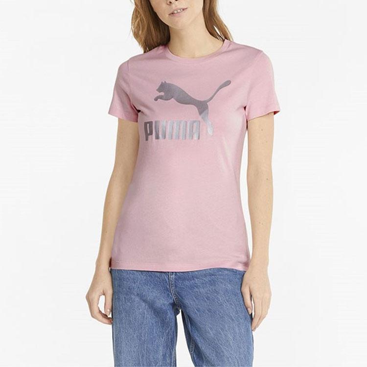 Puma Classics Logo Print American Retro Sports Short Sleeve T-Shirt Women Tops Pink 536351-16