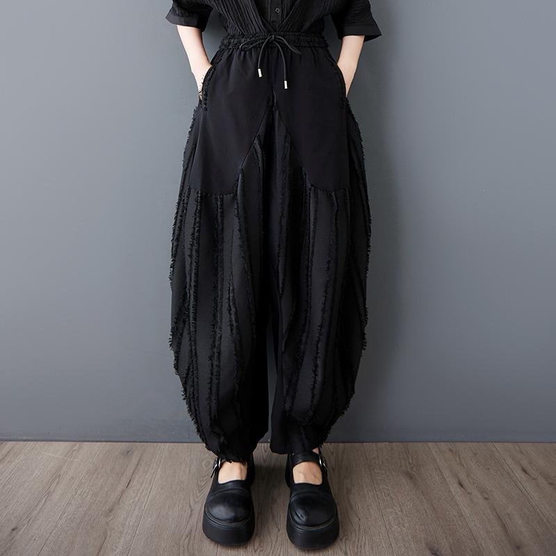 

Dimanaf Летние женские повседневные широкие брюки больших размеров с высокой талией, базовые эластичные черные брюки в полоску, свободные винтажные шаровары One Size чёрный