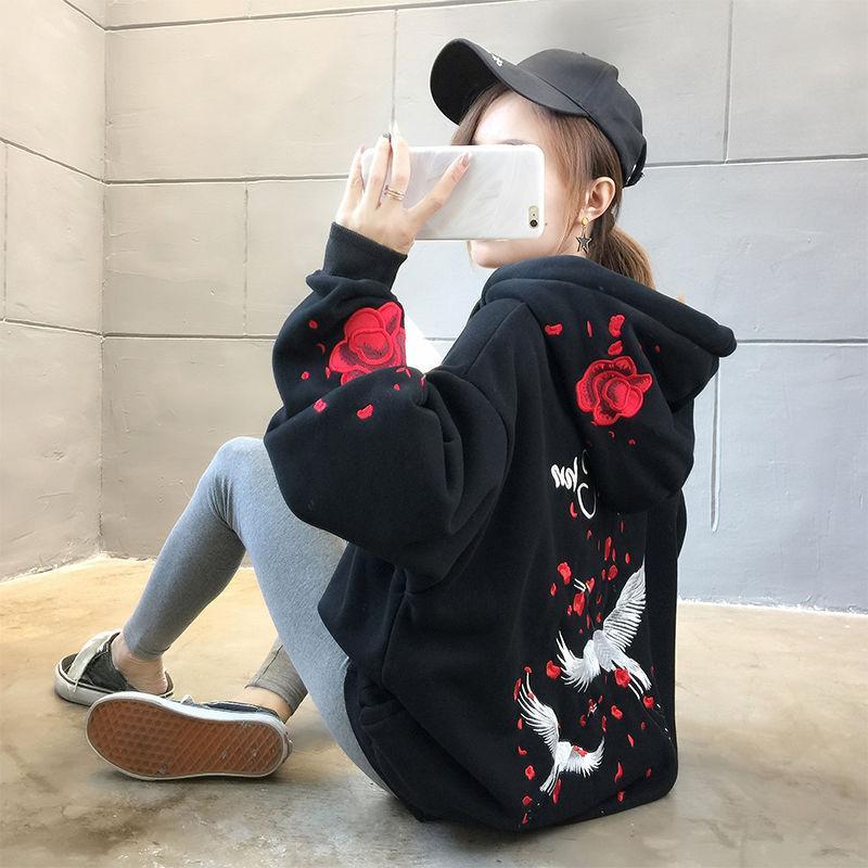 Autumn Embroidery Warm Hoodie Sweatshirt Women New Loose Coat Sweatshirt Outwear Hoodies Tops Clothes Hooded Tops Elegant Female Sweatshirts