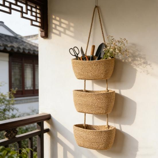 Rope Woven Storage Basket Boho Foldable Washable Hanging Baskets Multi-Tier Wall Mounted Organizer for Kitchen Produce Nursery Decor