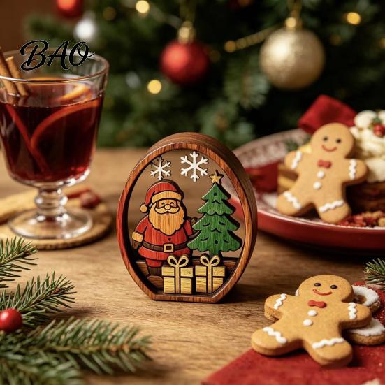 Rustic Xmas Tabletop Decor 3Pcs Christmas Santa Claus And Tree Ornaments, Wooden Oval Table Boxwood Ornaments Centerpiece, Solid Wood Desktop Ornament