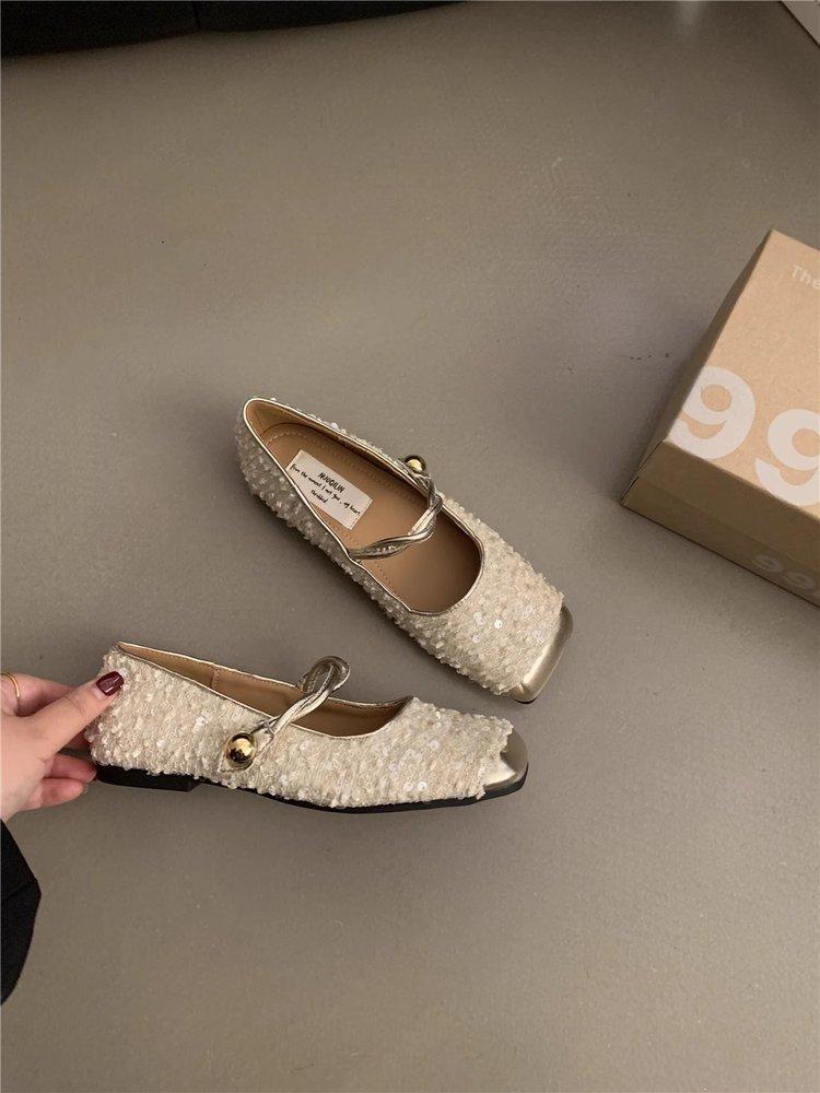 

French sequined silver bag head half slippers women s 2025 spring and summer Xiaoxiangfeng Korean version temperament Mary Jane single shoes women s 35