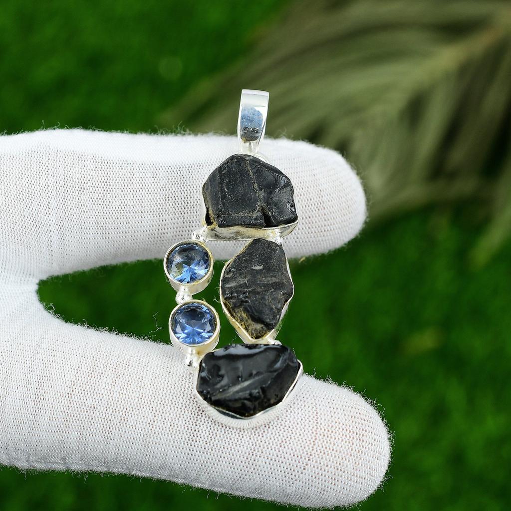 Gift For Her 925 Sterling Silver Natural Black Kyanite Rough Gemstone Pendant