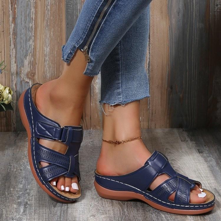 Exclusive for 2025202544 Large Size Women's Shoes Hollow Wedge Heel Velcro Sandals Women's Thick-soled Half Slippers