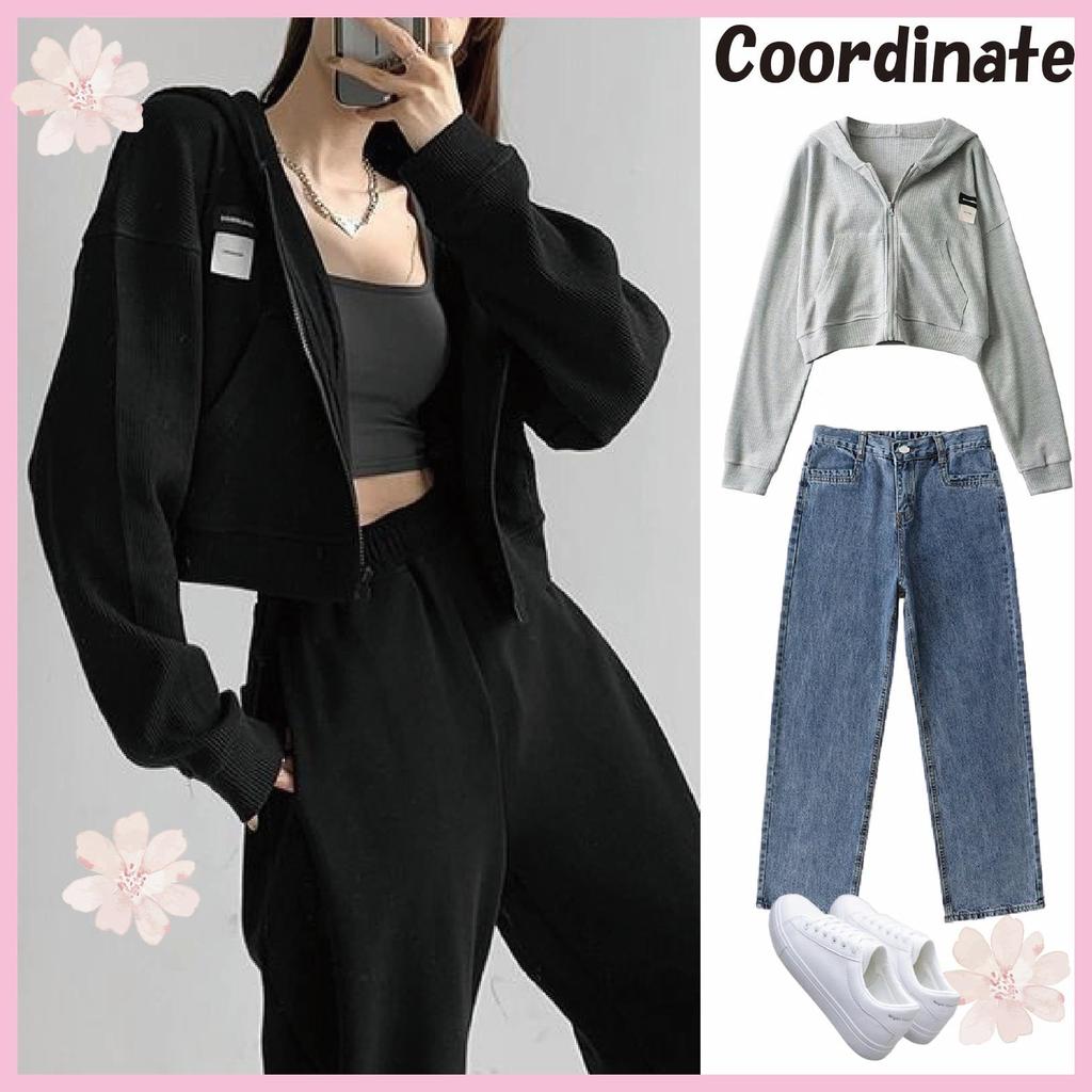 de Short [Maison TAO] Hoodie, Zip-up, Length, Cropped, Hooded, Waffle, Casual, Korean, Plain, Sports, Women's (Blue, L)
