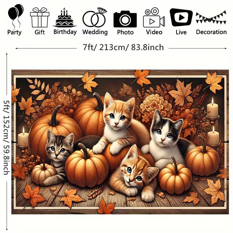 2D Thanksgiving Kitten Backdrop Adorable Cats & Pumpkins Fall Banner