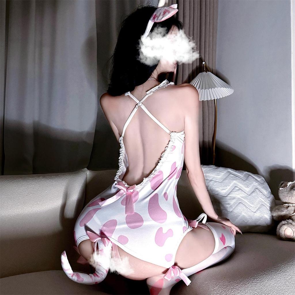 Black Temptation Cow Print Lingerie Set: Silk Bodysuit & Stockings