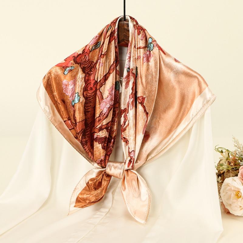 New hot-selling branch and vine printing satin versatile square scarf fashionable high-end outer imitation silk shawl bag headscarf