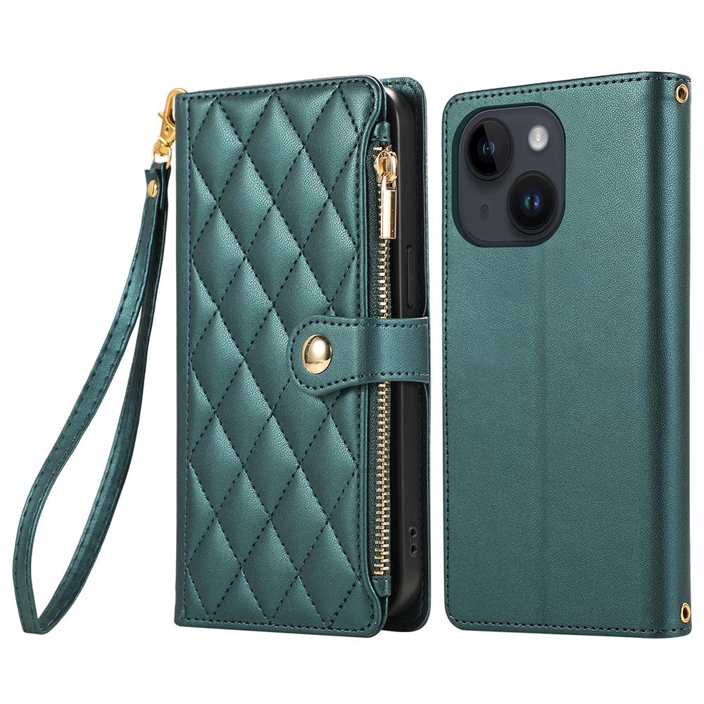 For iPhone 15 Case Multi Card Slots Zipper Rhombus Leather Phone Cover with Wrist Strap