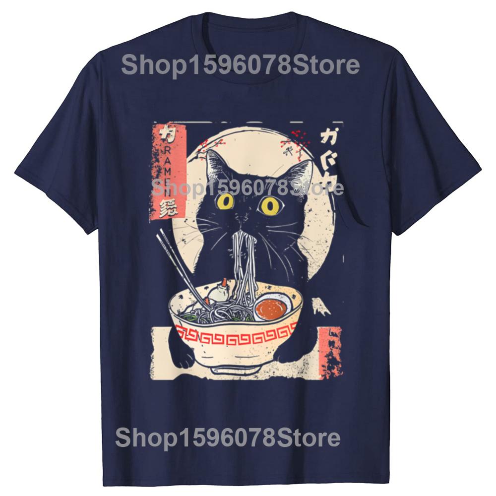 Kawaii Cat Eating Ramen Noodles Funny Anime Tshirts Men Fashion Print Tshirt Loose Oversized Streetwear Hip Hop Unisex T Shirt