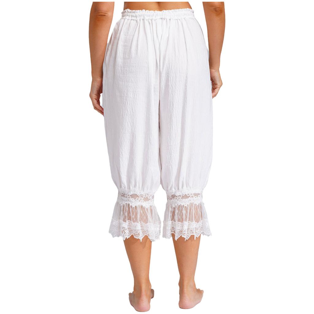 Womens Long Bloomers Loungewear Loose Harem Pants Elastic Waist Drawstring Medieval Style Midi Pants