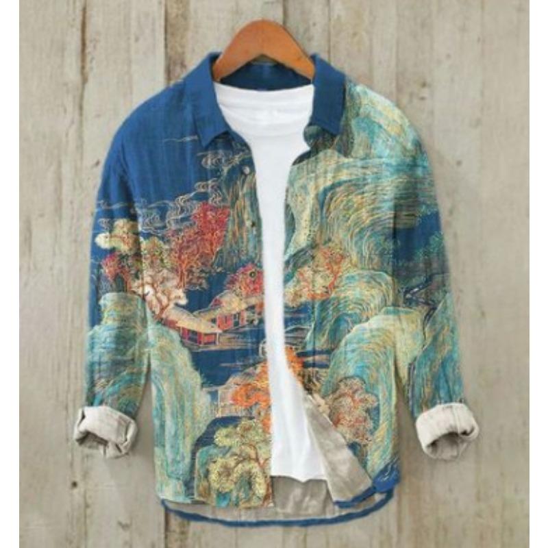 Men s Clothes Fashion European and American Printed Long Sleeve Shirt 3D Casual Shirt XS