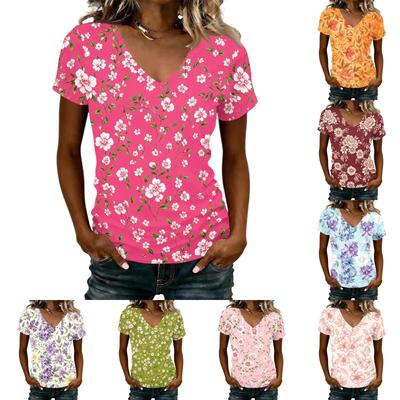 Women’s Casual V Neck Short Sleeve T Shirt Top with Floral Print Lightweight Relaxed Fit for Everyday Wear