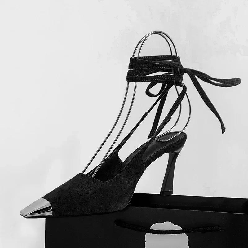 Fashion Metal Decorative Sexy Pointed Toe High Heels Women Ankle Strap Suede Women Pumps Summer Elegant Heeled Sandals Tacones Mujer