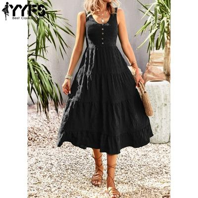 Women's Fashion Summer Spring Solid Color Print Sleeveless V-Neck High Waist Casual Dresses