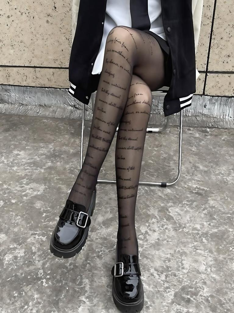 1 Piece Letter Print Black Sheer Pantyhose, Spring Autumn Thin Version For Women, Valentine'S Day Exclusive