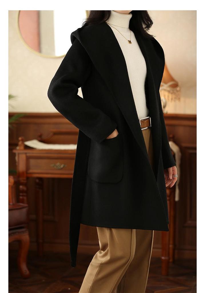 2026 Petite Women's Hooded Double-Sided Wool Coat, Autumn/Winter Mid-Length with Belt