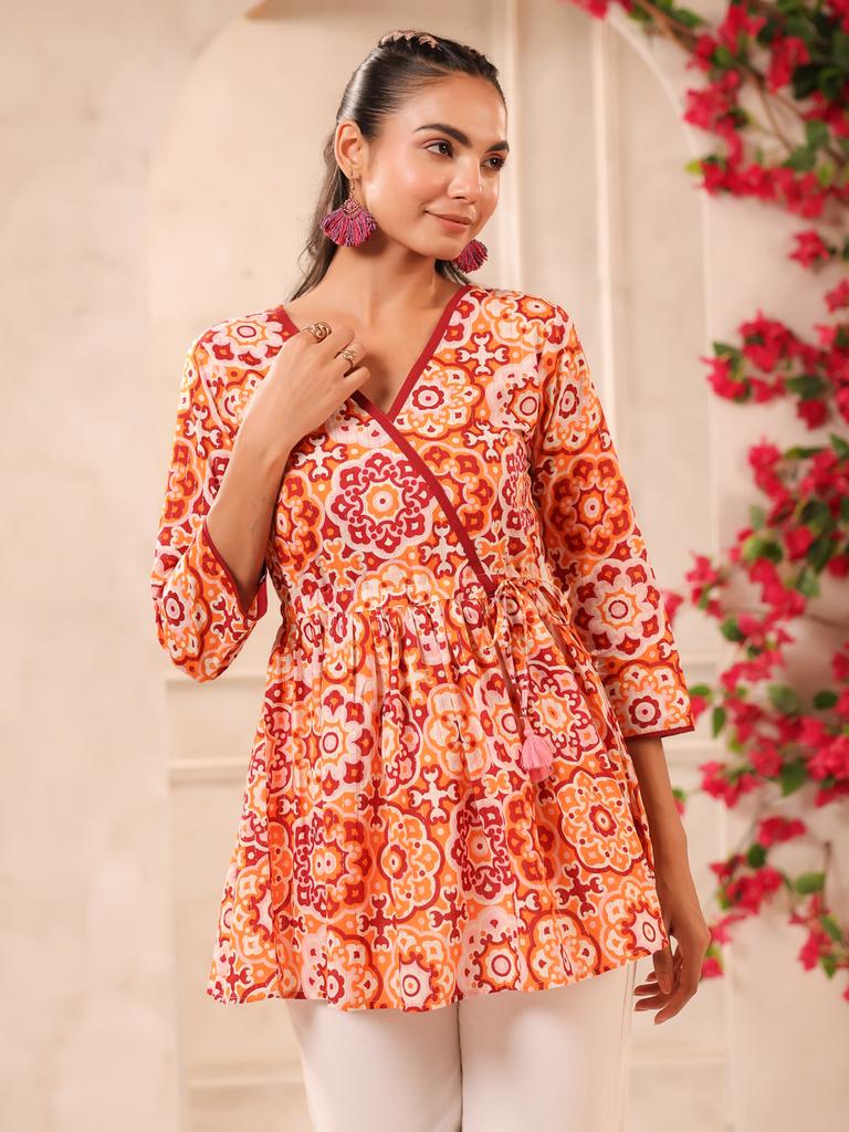 Lurex Orange Floral Printed V Neck Cotton Top