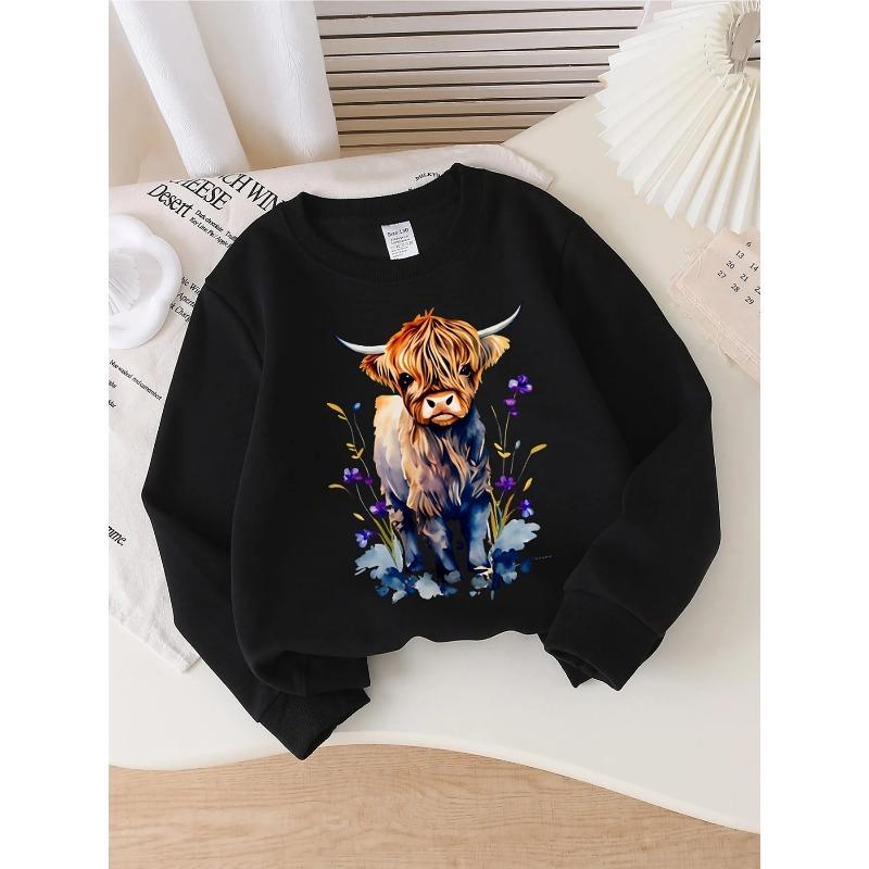European sizes Kids' round-neck hoodie - Cute Highland Cow with Flowers , Sportswear And Casual Wear, Soft And Comfortable