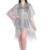Women's Half‑Sleeve Metallic Yarn Fringed Open Front Beach Cover‑Up Kimono