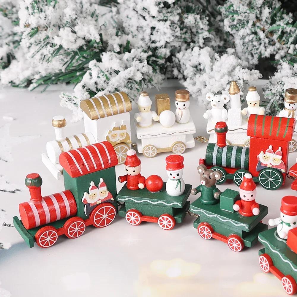 Wooden Christmas Train Ornament Plastic Mini Christmas Train Toys Festival Party Decoration Xmas Table Ornaments New Year Gifts