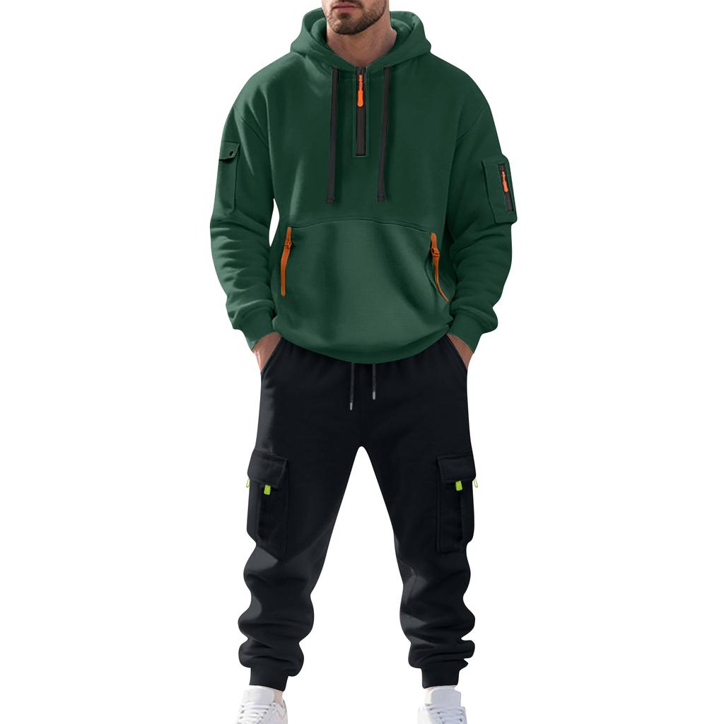 Men's Solid Color Casual Suit Loose Sports Hooded Sweatshirt With Pockets Multi Pocket Overalls Suit
