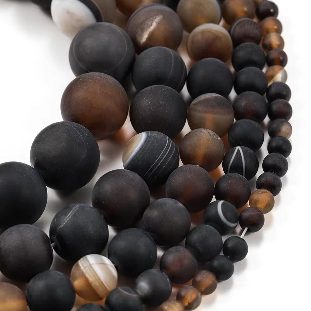 1strand Natural Stone Matte Coffee Stripe Agates Beads Natural Brown Loose Spacer Beads for Jewelry Making Bracelet Pick Size